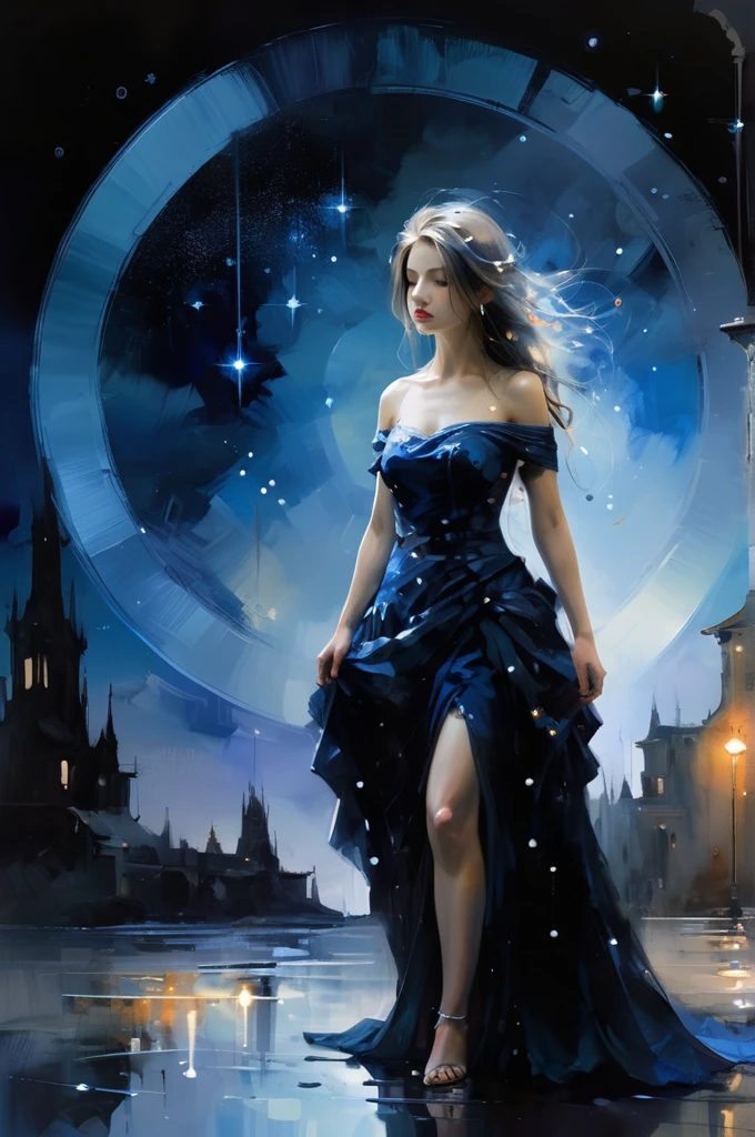 Dream Scenery,Conceptual art,digital art,by Anne Bachelier,a glowing neon-colored circle,
A woman wearing a blue long dress with her hair up is standing in the background of a dark blue night sky. Her long dress is decorated with dots of stars,which seem to be the reflection of stars in the night sky. Mystery and romance,starry sky,universe and endless imagination space,realistic and abstract,dreamy and surrealistic,the use of colors is very unique. The dark blue background forms a harmonious unity with the female blue dress,but also highlights the female image,the embellishment of stars adds a hint of vitality and vitality to the picture,making the whole picture more vivid and interesting,unique creativity and exquisite painting,mysterious,romantic and surreal atmosphere,full of imagination,oil and watercolor painting,