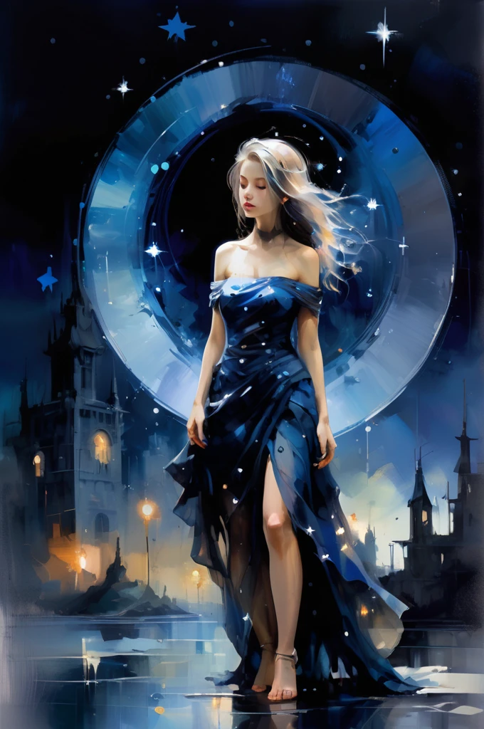 Dream Scenery,Conceptual art,digital art,by Anne Bachelier,a glowing neon-colored circle,
A woman wearing a blue long dress with her hair up is standing in the background of a dark blue night sky. Her long dress is decorated with dots of stars,which seem to be the reflection of stars in the night sky. Mystery and romance,starry sky,universe and endless imagination space,realistic and abstract,dreamy and surrealistic,the use of colors is very unique. The dark blue background forms a harmonious unity with the female blue dress,but also highlights the female image,the embellishment of stars adds a hint of vitality and vitality to the picture,making the whole picture more vivid and interesting,unique creativity and exquisite painting,mysterious,romantic and surreal atmosphere,full of imagination,oil and watercolor painting,