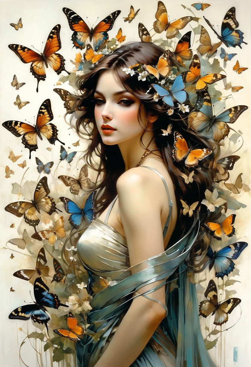 Stunningly beautiful butterfly swarm, 
Style by  Harrison Fisher and Brian Froud and Jeremy Mann and Alexandre Cabanel and Giovanni Boldini and Keith Parkinson and Gustave Klimt and Julie Bell 