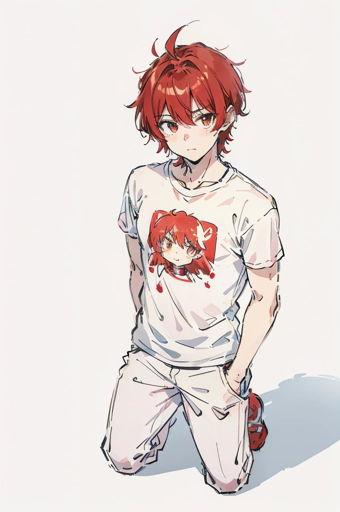 boy, white background, full body, 
red hair T-shirt wear