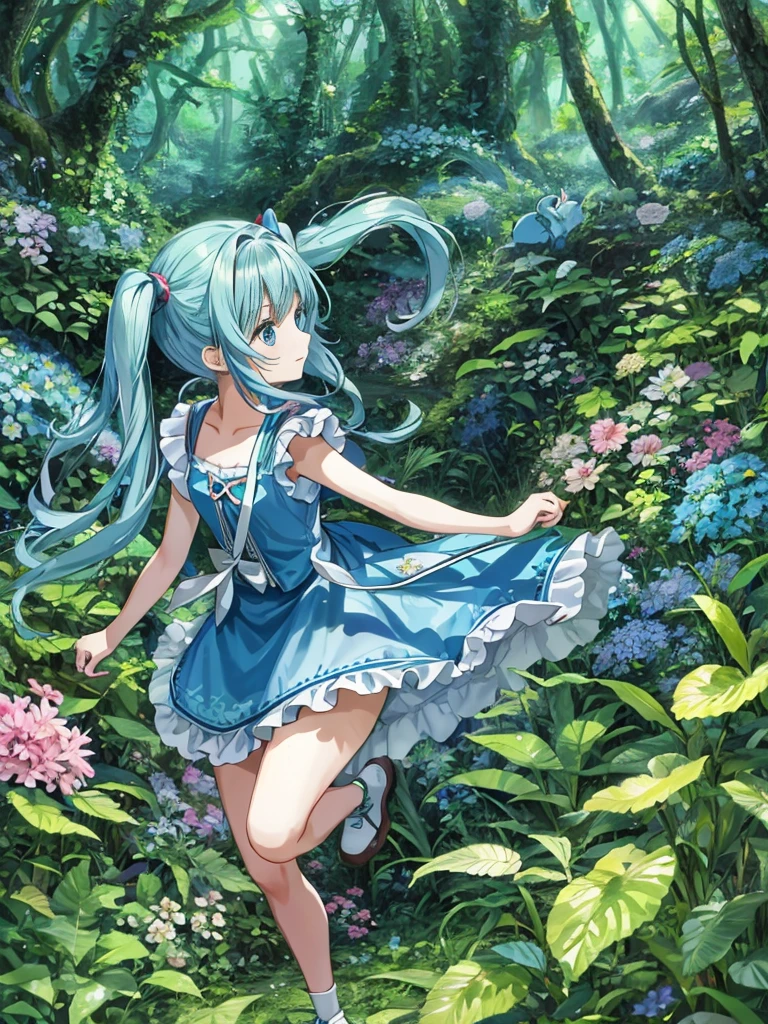 alice in wonderland light blue long hair Beautiful girl with twin tails In the dense forest running lots of beautiful flowers There are many animals Trump Dances
