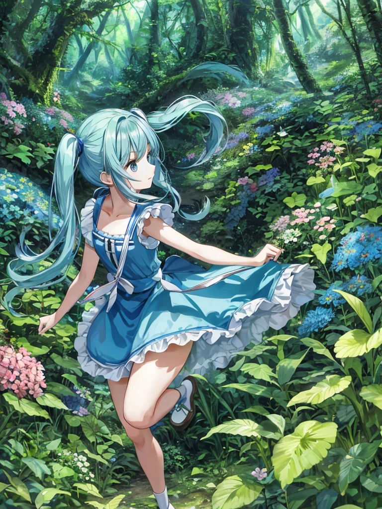 alice in wonderland light blue long hair Beautiful girl with twin tails In the dense forest running lots of beautiful flowers There are many animals Trump Dances
