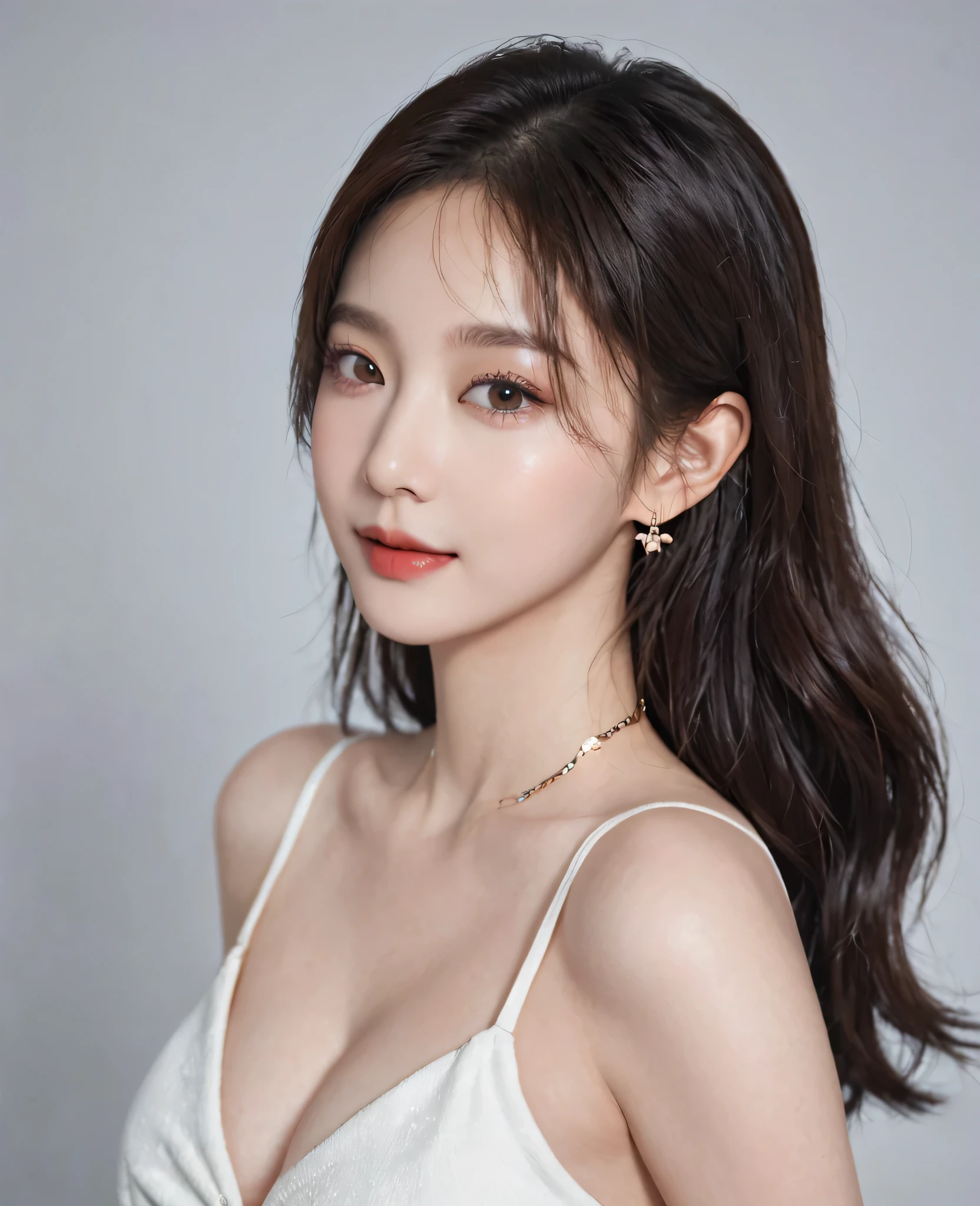 (Canon RF85mm f/1.2,best quality,Reality:1.4,light),(1 girl,Korean mixed,Korean Idol:1.2,beautiful long_Slim_leg),(long_Brown_Wavy_hair),(pink_shining_Lips,pink_Eyeshadow,eyelash,powder_blush,cosmetic),(White_shining_skin,black eyes,Pores,skin texture,shining),(necklace,earrings),Large Breasts,Smile,Dynamic poses