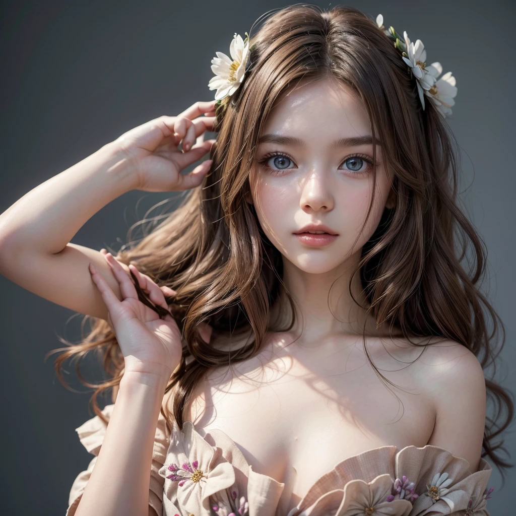 A girl, pretty hair, ((volume hair)), beautiful eyes, flower hair ornaments, (aesthetic simple background), ((modern vintage dress)), (upper body)
((nsfw)),(perfect face), (perfect hand)