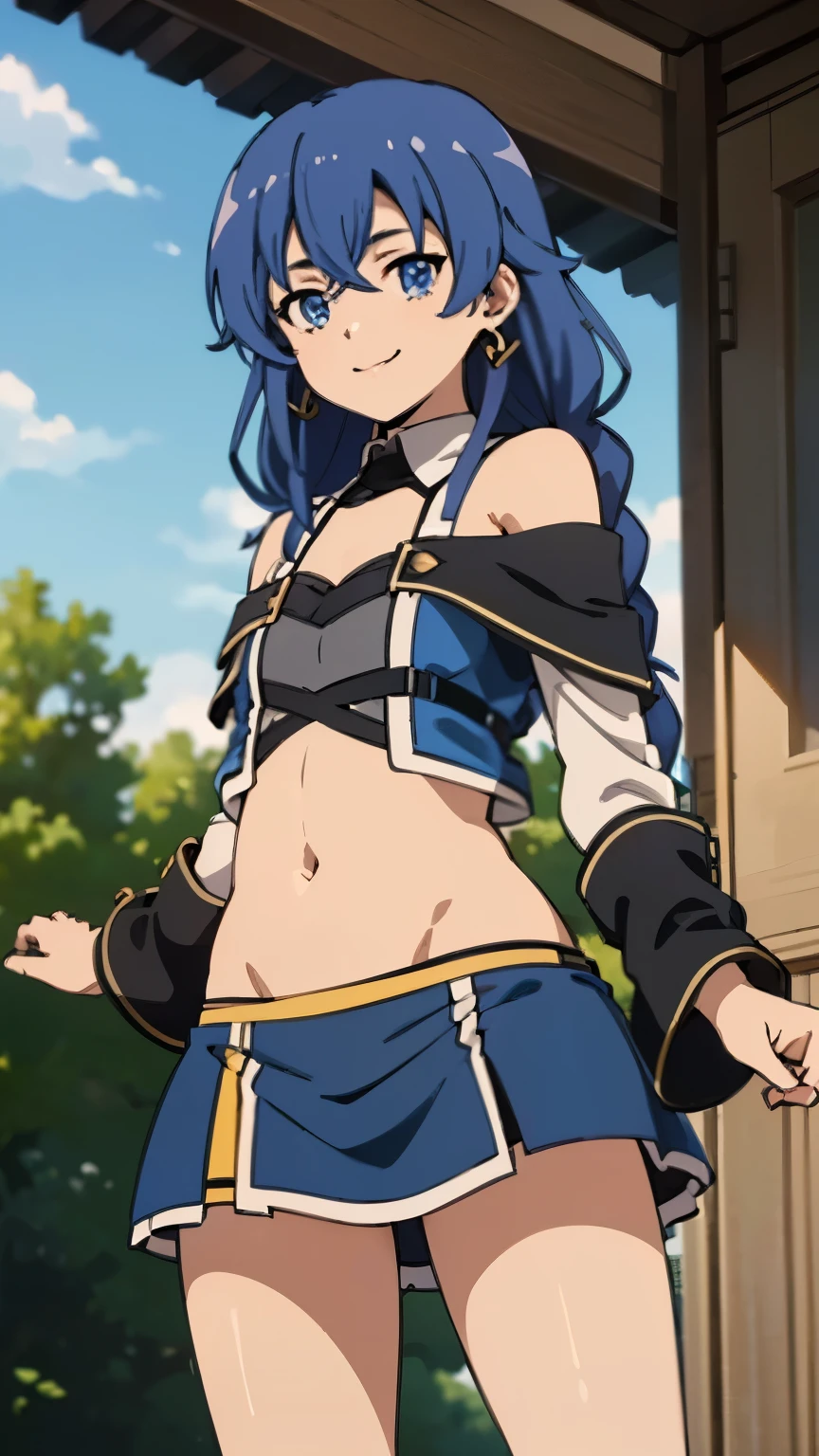 (masterpiece, best quality, high resolution, 8k:1.2),(anime), Roxy_Migurdia(mushoku tensei), 1girl, Blue eyes, Crimson blue hair, twin braids, long hair, small breasts, (smile), (Lime green off-the-shoulder, belly button, mini skirt, earrings:1.2), (watching at viewers:1.2), dynamic angles,