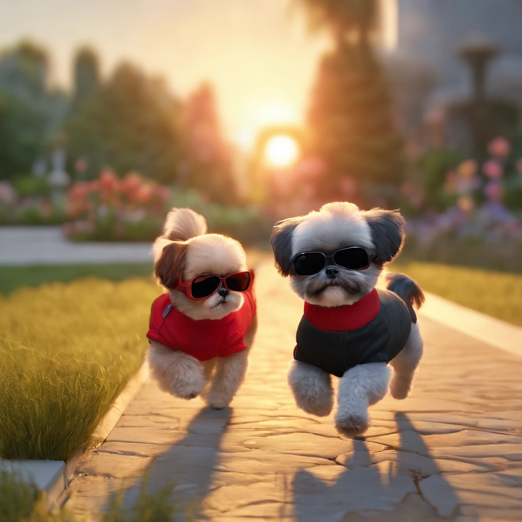 2 adorable small black shih tzus wearing red sunglasses running at park, sunset in background
