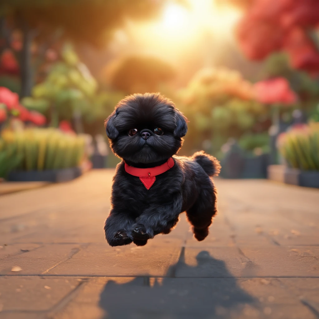 2 adorable small black shih tzus wearing red sunglasses running at park, sunset in background