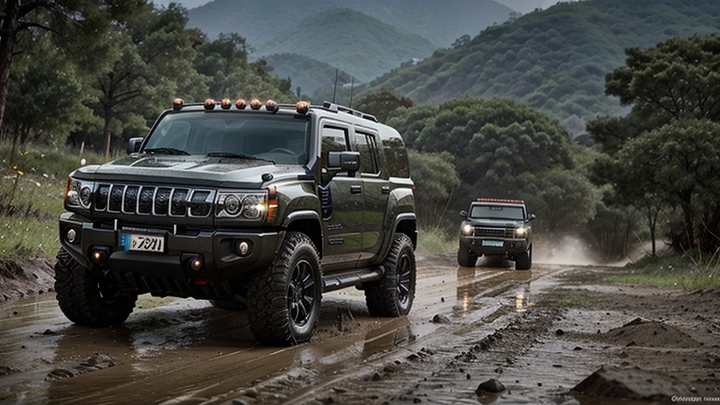 brutal Chinese hummer SUV black with large mud tires, driving off-road