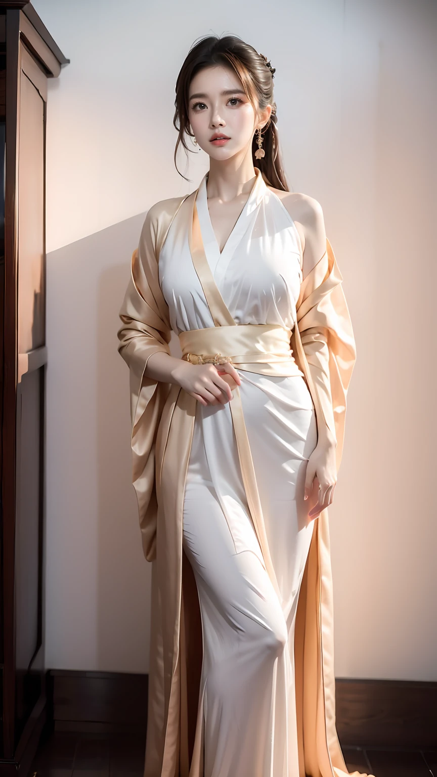 (masterpiece, best quality:1.2),1girl,Hanfu,front,Standing,(whole body:1.5),Dynamic poses,Bright eyes,Bright Eyes,Put your hands on your chest,
