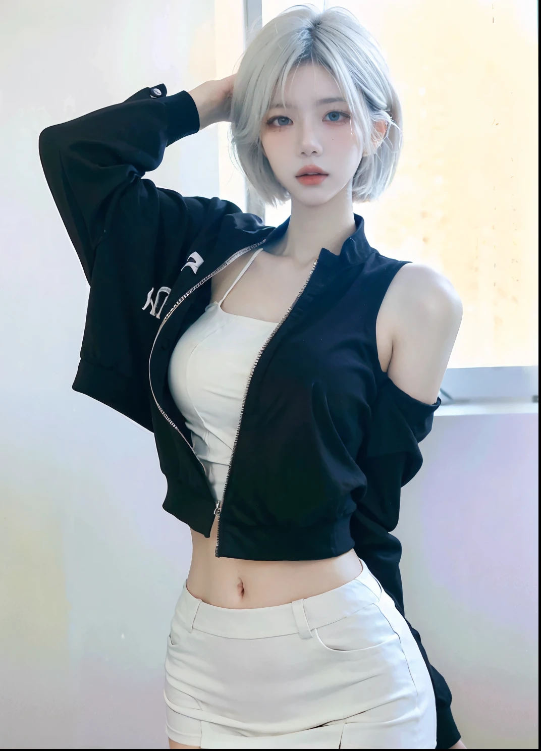 Beautiful woman with perfect figure:1.4，Ultra-high resolution，White background，（Realism:1.4)，Layered hairstyle，White skin，JK:1.5，Super short pleated skirt，whole body：1.4，Very delicate and skin texture，Double eyelids，Skin Whitening，short hair，White hair
