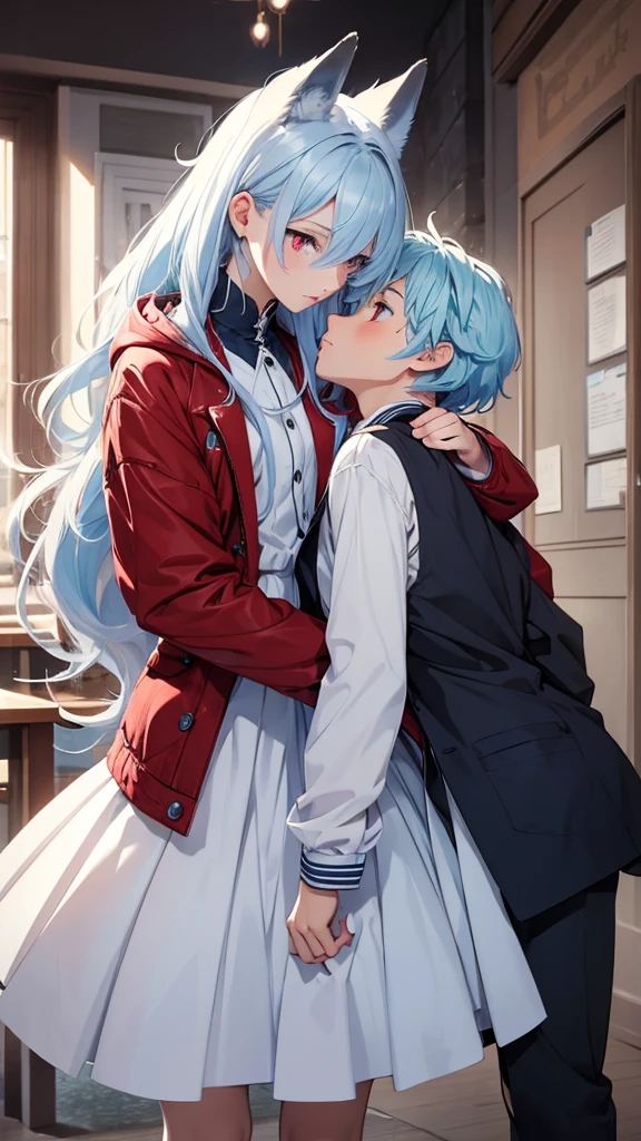 A boy with light blue hair height 1.84 date clothes kissing girl with wavy platinum white hair with crimson red eyes height 1.70s with fox breed quote clothes