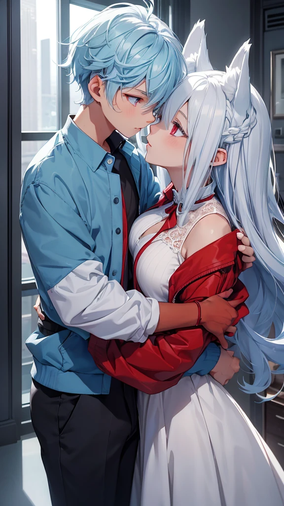 A boy with light blue hair height 1.84 date clothes kissing girl with wavy platinum white hair with crimson red eyes height 1.70s with fox breed quote clothes