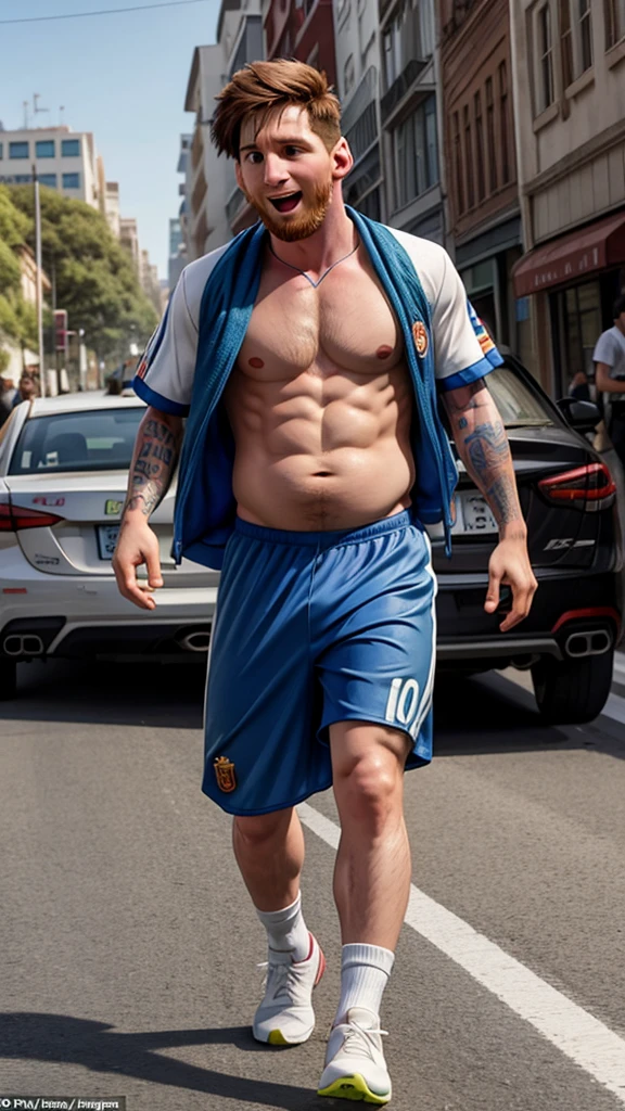 player Messi is in the middle of the street, and he has a huge belly, he is shirtless and there are many people on the street laughing at him, the day is sunny