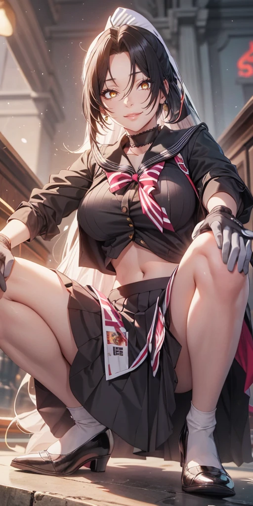 (black hair:1.3), long hair, parted bangs, 1girl, blood, squatting, solo, very_long_hair, serafuku, navel, school_uniform, breasts, skirt, choker, black_serafuku, looking_at_viewer, black_skirt, midriff, black_footwear, gloves, high_heels, teeth, sleeves_rolled_up, jacket, large_breasts
