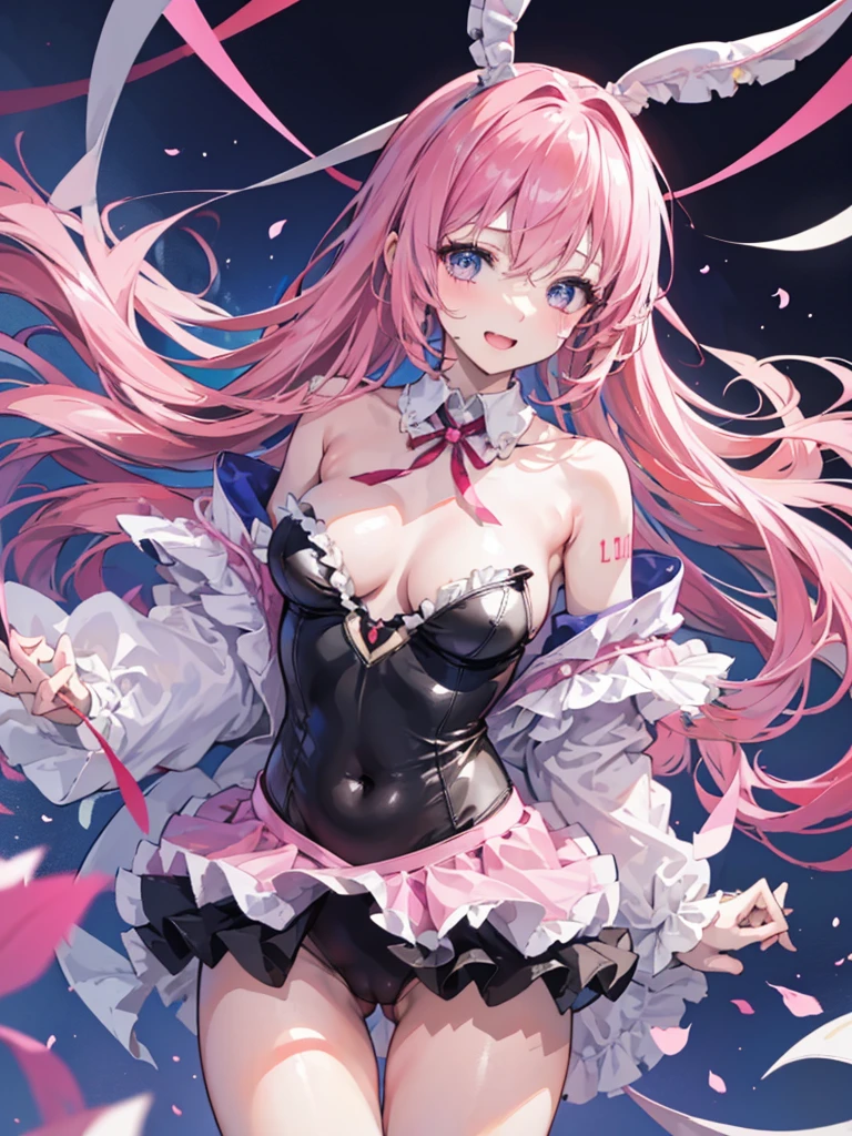 crotch,between legs ,smile,open mouth,pleasure,blush,embarrassed,(((low angle))),(best quality, 8k, masterpiece:1.2, nsfw,ultra-detailed,realistic,photorealistic,anime,Soft lighting,Bokeh), luka_megurine \(vocaloid\),sakura luka,1girl,Anime-like beautiful girl,silky smooth and very beautiful skin,very beautiful embarrassed face,Ordinary chest, 5headed body,Skinny type,Not muscular,5This refers to,Manicure is cherry colored, break, Perfectly beautiful figure,Height 162cm,Bust 87cm,Waist 56cm,Hip 85cm, blue eyes, girl, very long hair, purple eyes, long hair, solo, (bangs, pink hair, shining hair, light pink hair, ),official alternate costume, (((bunny leotard))), hair ornament, collarbone, (((casual leotard)), (((black frilled leotard:1.4))),(((ribbon_trimmed leotard,frilled leotard))).