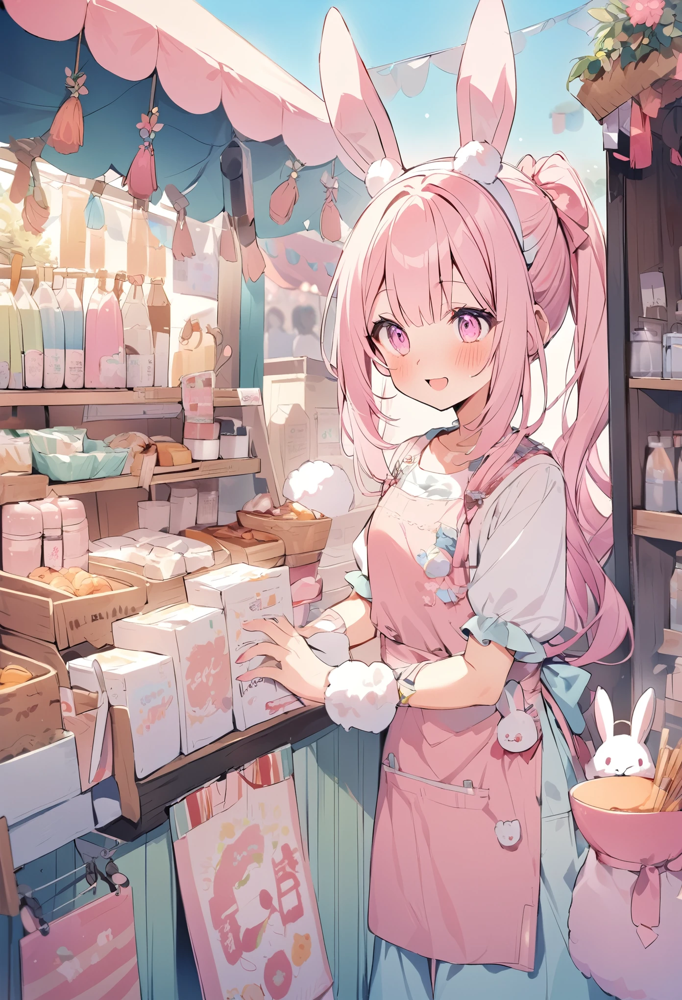 Highest quality, pretty girl, pastel colour, Fluffy bunny ears, Pink Ponytail,Pale pink eyes,festival,Stall,Opening a store