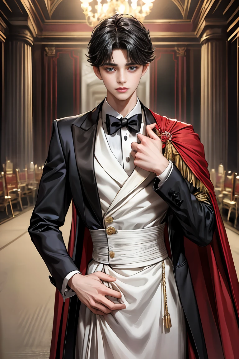 
masterpiece, 最high quality, high quality, 1 boy, alone, Male focus, Watching the audience,  Messy black hair, Adorable big blue eyes, White people, Noble, Noble,Sexy voluminous black and red cape、Tuxedo、A very voluminous, large, very large, very large, long, long red and black cape with a high stand-up collar, reaching down to the floor, made of a lot of fabric., ,Cute beautiful boys,Cute, cute, kind, handsome guy