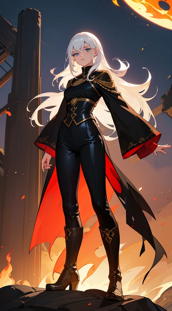 beautiful woman, white hair, long hair, ((crew cut: 1)), blue eyes, fair skin, ((muscular: 1)), female, 28 years old Wearing a black long-sleeved blouse, red and yellow details, a brown leather shawl, black pants, black boots, queen of summer, sun, black fire, white fire, fire in the background
