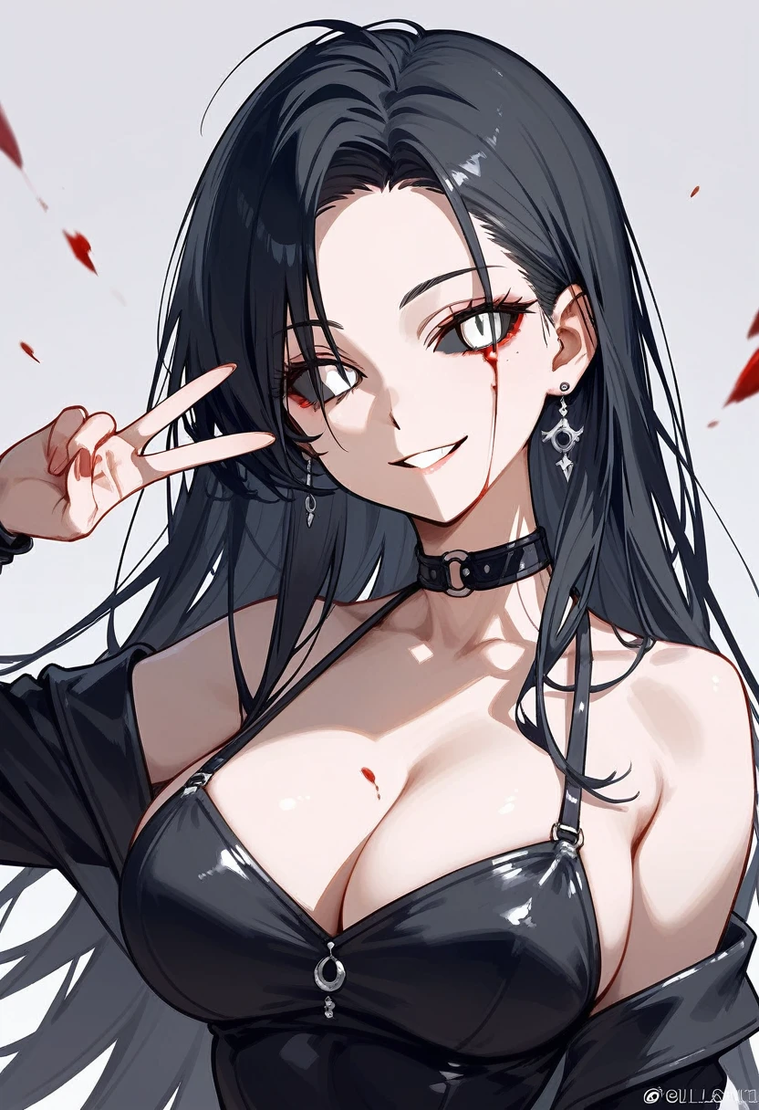 masterpiece, zoom out, score_9, score_8_up, score_7_up, portrait, 1 girl, alone, black hair, long hair, long parted bangs, white eyes, black sclera, (blood tears, small smile), evil, parted lips, expressionless, big breasts, upper body, V-neck strap basic dress, black bottom, best quality, long split bangs.