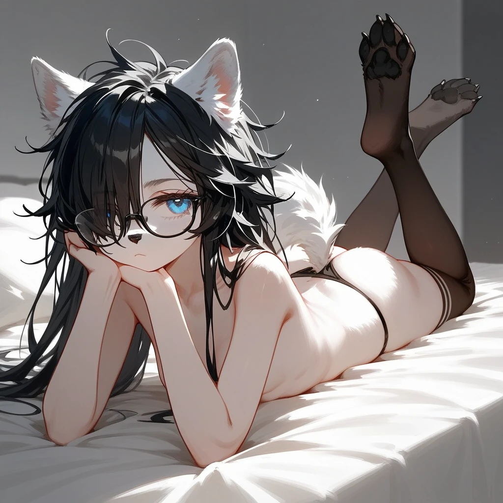 Solo, score_9,score_8_up,score_7_up, a young nerdy Anthro furry wolf woman, white furry body, tall, long black messy hair, white wolf tail, hair covering one eye, long bangs, long black hair, blue eyes, black glasses, small breasts, white wolf tail, topless, wearing only black thong, thigh high socks with exposed toes, 4 toes exposed, bored expression, eyes half open, lying on a bed, lying on her stomach, feet up,