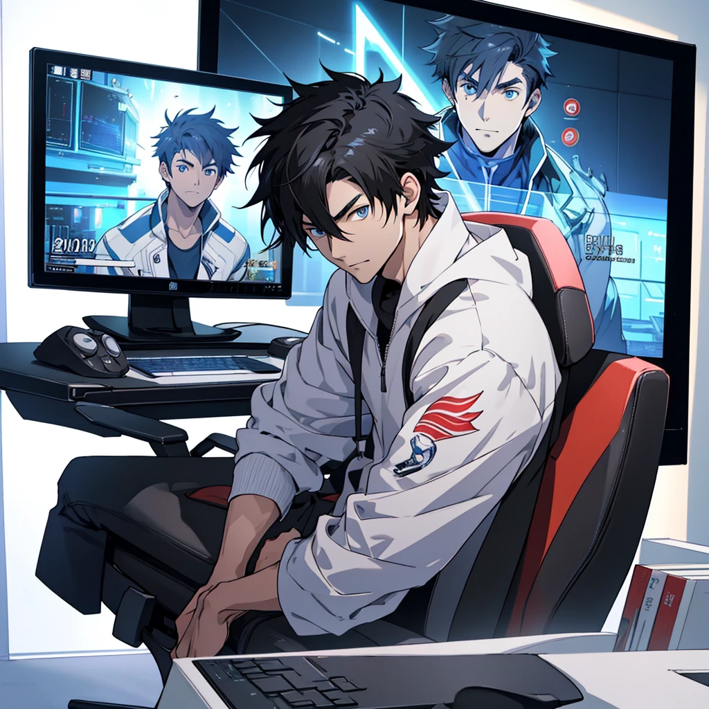 Best quality: 1.0), (Super High Resolution: 1.0), Anime boy, short black hair, blue eyes, sitting in front of computer playing games, background in esports room,