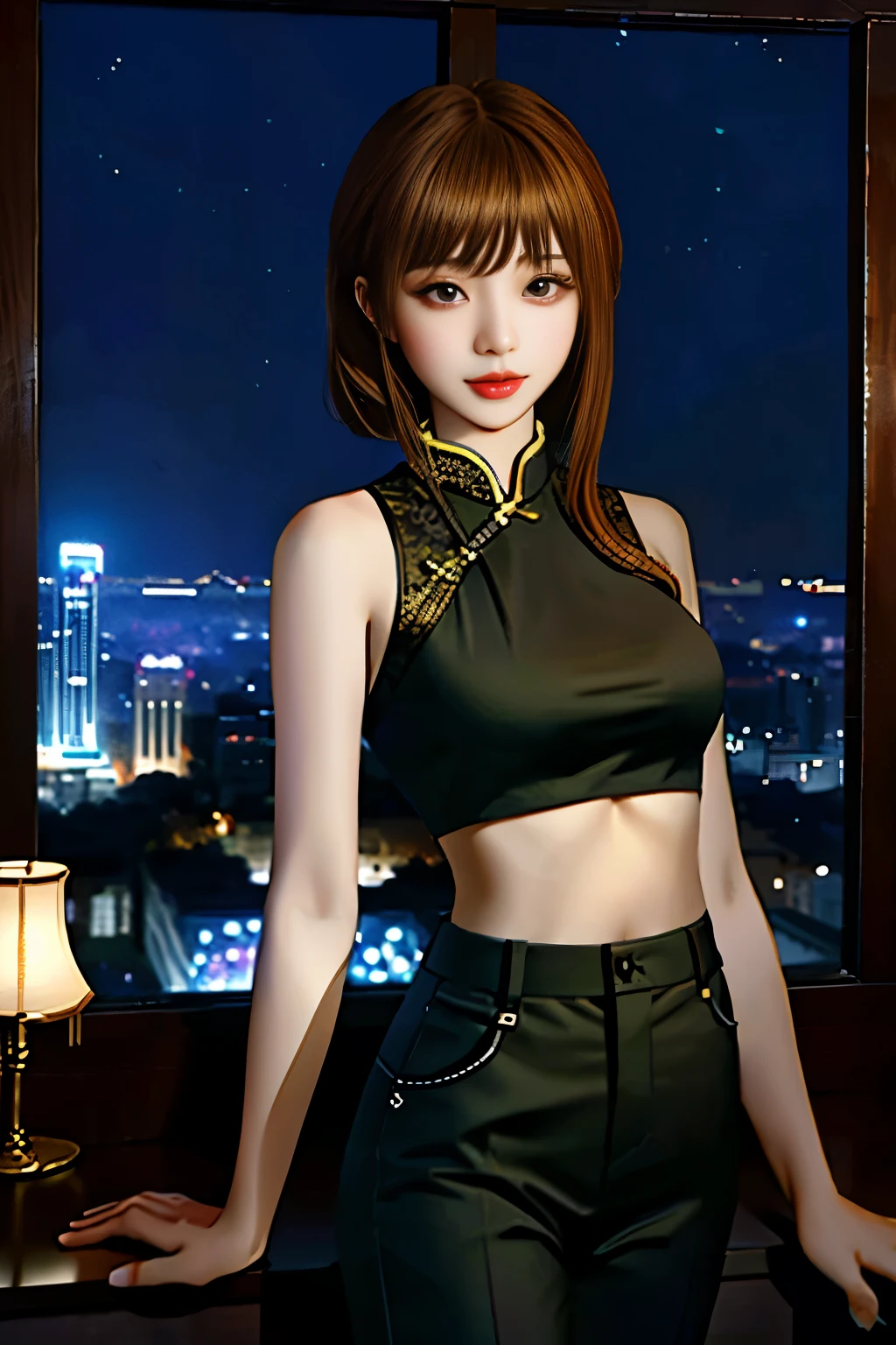 tmasterpiece， Best quality at best， 1girll,  underboobs， medium breasts， shorter pants， Crop tops， brunette color hair， 黑The eye，Chinese woman,  Night view of the city,  seductive, tongue 