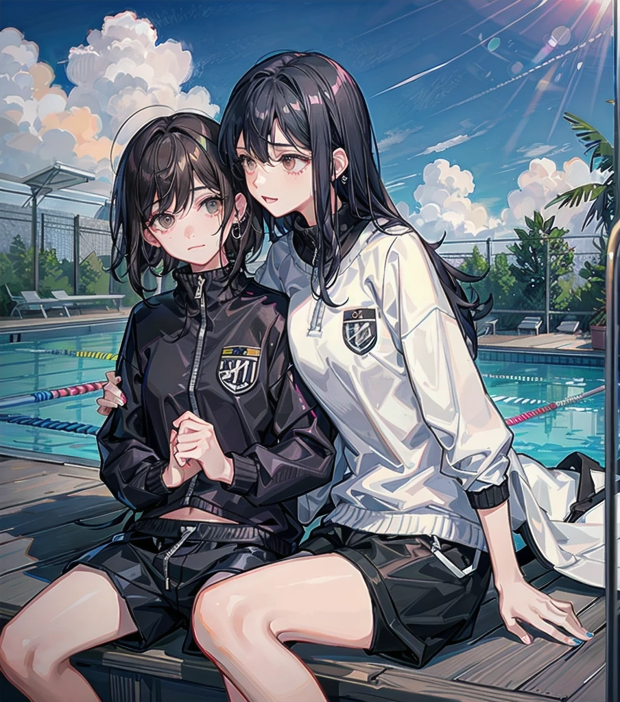 whole body, delicate facial features, medium tits, medium hair, black hair, tearful mole, earring, tracksuit, shorts, pool, yuri, 2 girls,