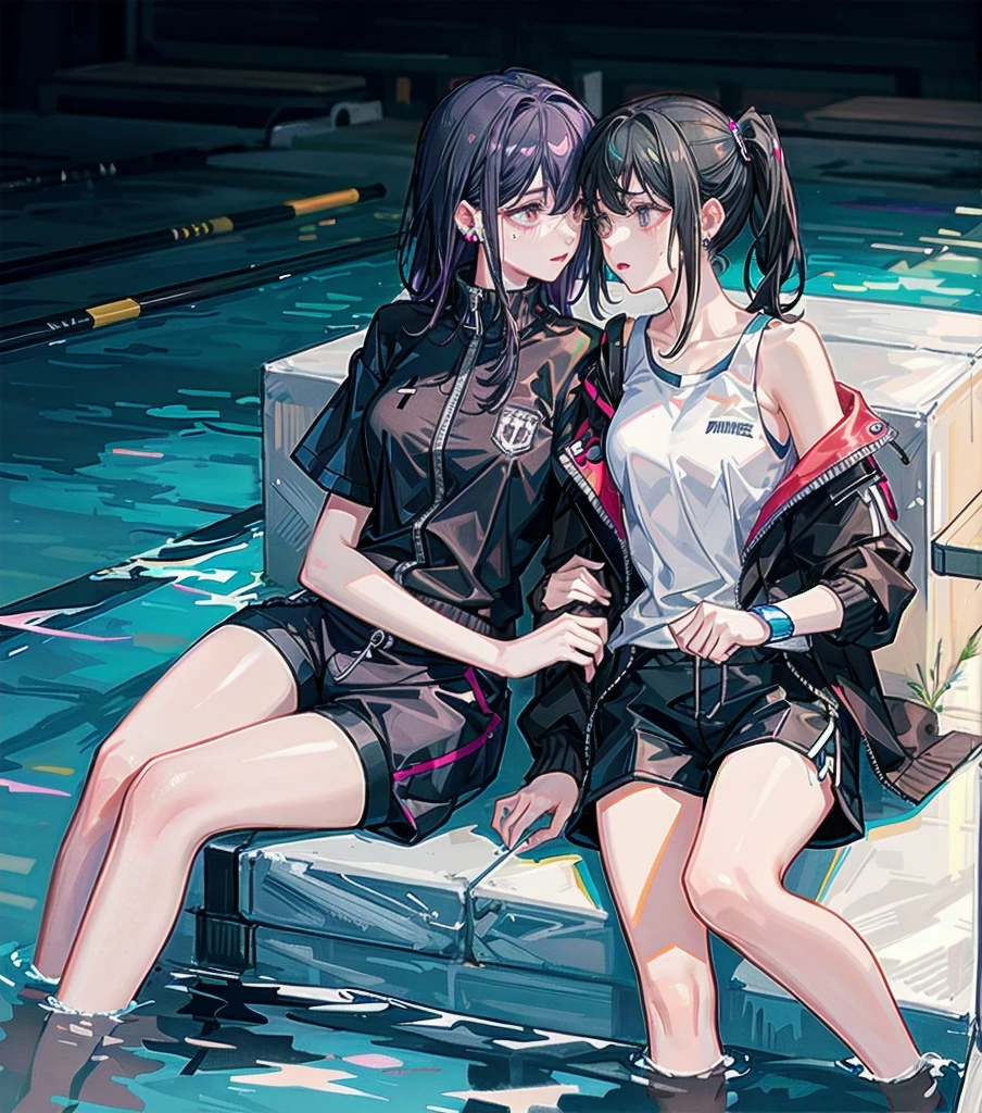 whole body, delicate facial features, medium tits, medium hair, black hair, tearful mole, earring, tracksuit, shorts, pool, yuri, 2 girls,