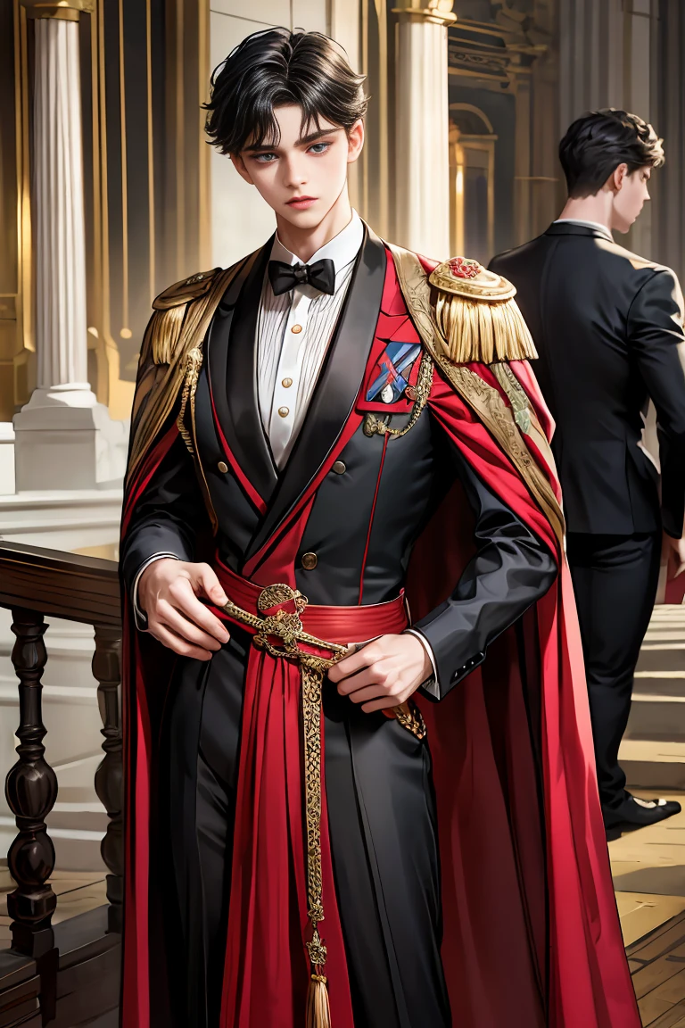 masterpiece, 最high quality, high quality, 1 boy, alone, Male focus, Watching the audience, Messy black hair, Adorable big blue eyes, White people, Noble, Noble,Sexy voluminous black and red cape、Tuxedo、A very voluminous, large, very large, very large, long, long red and black cape with a high stand-up collar, reaching down to the floor, made of a lot of fabric., ,Cute beautiful boys,Cute, cute, kind, handsome guy