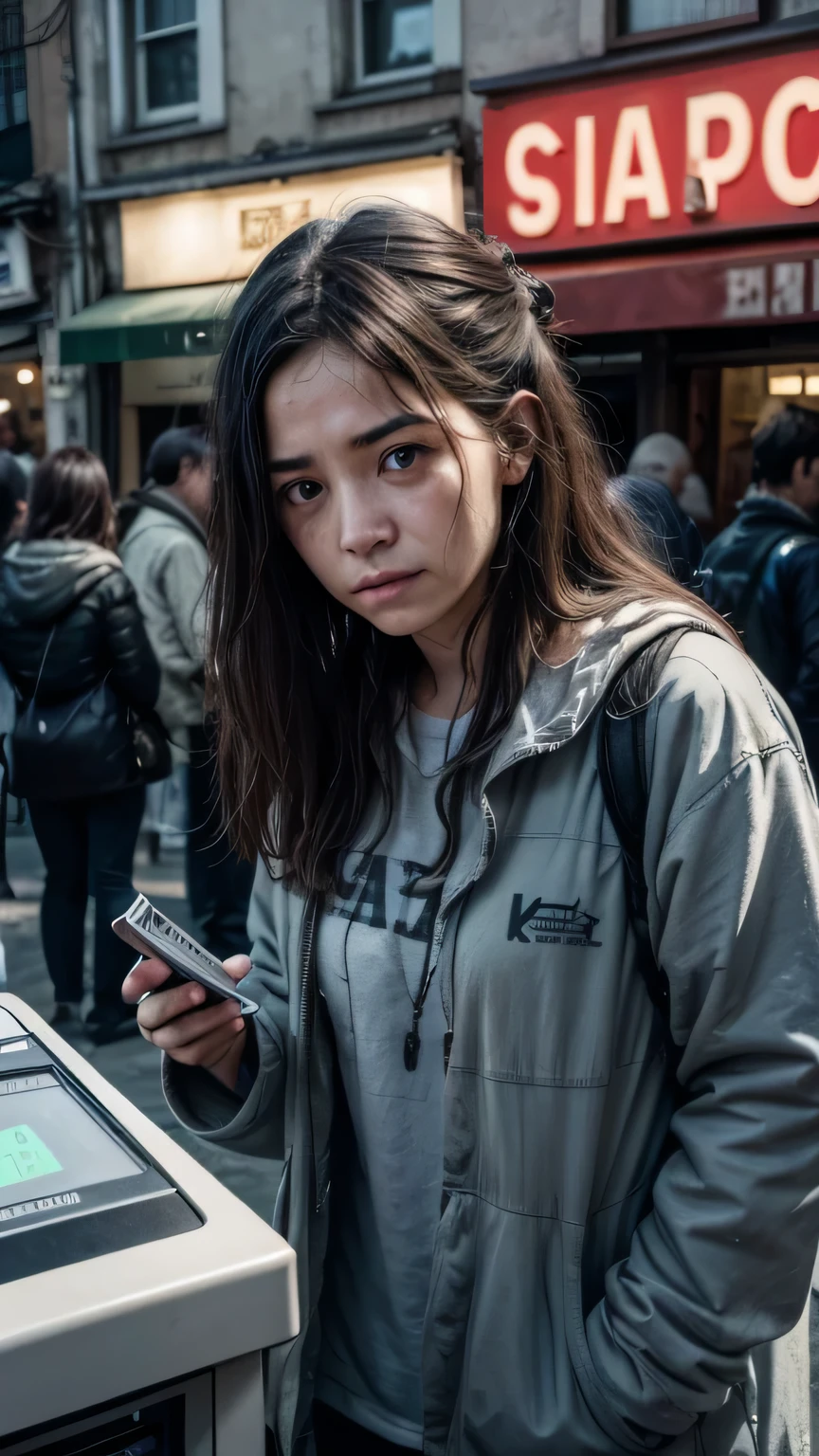 A detailed image of a poor person, in worn-out clothes and a tired face, looking despairingly at a payment terminal demanding the 666 chip mark on their right hand, in an apocalyptic market with stalls in the background