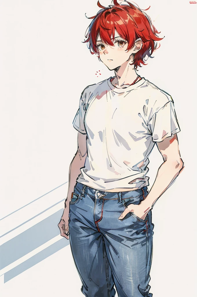boy, white background, full body, red hair, T-shirt and
jeans wear