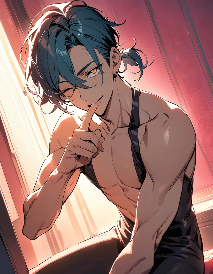 ((((best masterpiece, best quality, wallpaper,)))) solo, guy, male body, small muscles, flat chest, 1male, 30 years old, handsome man, dramatic angle, upper body, looking at viewers, beautiful detailed, finger to mouth, mediumturquoise hair, ((((Lower short ponytail)))), asymmetrical bangs, ((short hair,)) seductive smile, ((( one eye closed, gold eyes,))) (((^o^, tareme, droopy eyes,))) perfect face, sharp nose, seductive smile, clear face, open shirt, ((silver piercing, )) leggings, lighting back, backlighting, pink background color ultrasharp, 8K, masterpiece,
