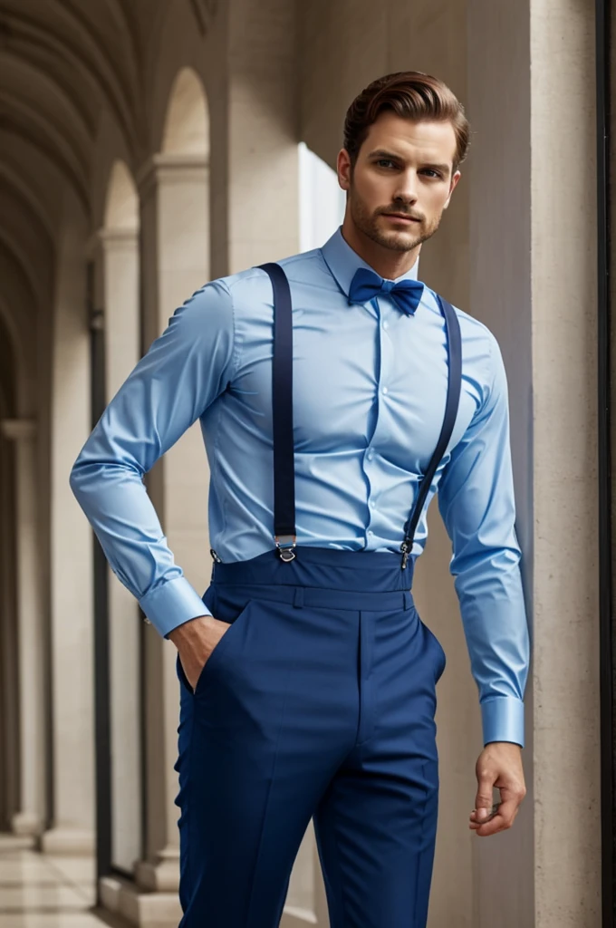 A man with a light blue long-sleeved shirt, black dress pants and royal blue suspenders, with a bow on the royal blue collar