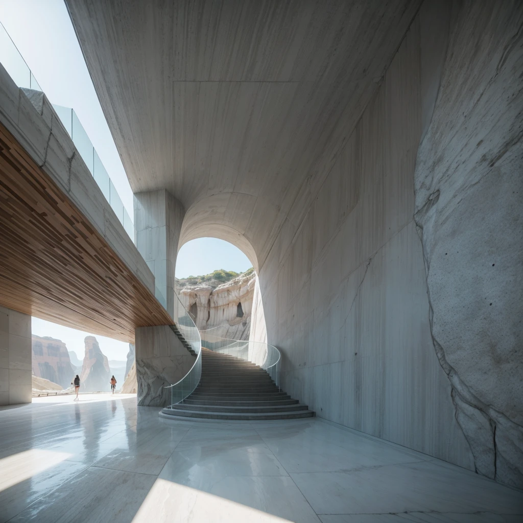 Generates an image of an imposing modern architectural structure located between two rock walls of a canyon. The two-line structure must have a symmetrical and minimalist design., with clean lines and predominantly white and gray materials, similar to a huge marble building. The main entrance should be a tall, narrow portal that allows sunlight to pass through.. In front of the structure, there must be a wide staircase leading to a white sand beach with clear blue water. Add multiple people to the scene, scattered both on the stairs and on the beach, to give an idea of the monumental scale of the building. Lighting should be natural, with soft sunlight illuminating the scene, creating a serene and majestic environment