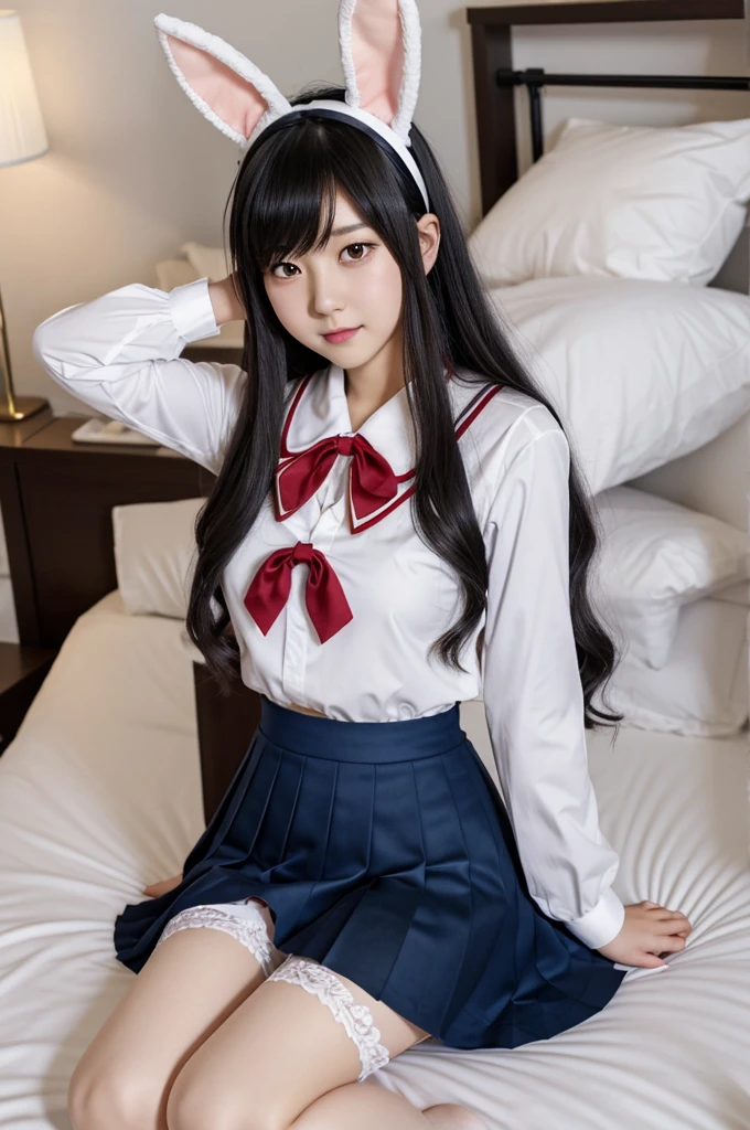 (miyu-default:1.2), miyu \(blue archive\), red eyes, black hair, long hair, leaf on head, ahoge, Bunny ear headband, halo, sailor collar, pleated skirt, white pantyhose, in the bedroom, lie on the bed,