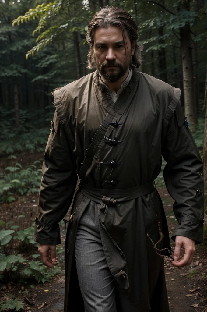 (masterpiece, best quality), (1man, masculine adult welsh male:1.2), yellow eyes, gray hair, fade with sideburns, Style-GravityMagic, solo, (full body:0.6), looking down, detailed background, detailed face, (LightningMagicAI theme:1.1), fungal mage, calm, dark brown robes, swirling brown magical energy in the air, nature, folkloric, underbrush, fungal wisps, living mushrooms in background, mysterious dark night, faint bioluminescence, ethereal atmosphere,