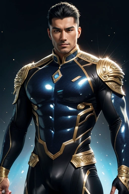 Quarter body photorealistic handsome hunky fractal masculine black haired Chono wearing a indigo with gold transparent crystal chrome glass trimmings super suit , look at camera, detailed face parts,, galaxy as background, Freestyle Pose, Happy Expression, perfect anatomy, symmetric body,, 18 years old, :: high detail, a lean athletic body, realistic, human skin, extremely detailed fingers, chad chin,, masculine, human skin, , gorgeous, Attractive. super bulges in action . camera focus face front