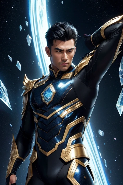 Quarter body photorealistic handsome hunky fractal masculine black haired Chono  wearing a indigo with gold   crystal chrome glass trimmings super suit , look at camera, detailed face parts,, galaxy as background, Freestyle Pose, Happy Expression, perfect , symmetric body,, 18 years old,  :: high detail, a lean athletic body, realistic, human skin, extremely detailed fingers,  chad chin,, masculine, human skin, , gorgeous, Attractive. super bulges in action . camera focus face front 