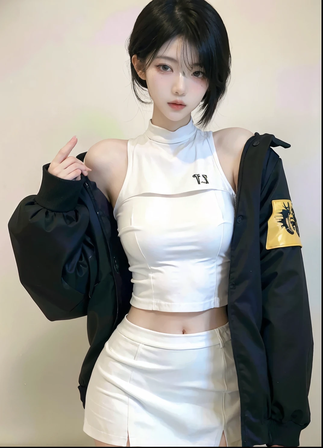 Beautiful woman with perfect figure:1.4,Ultra-high resolution,White background,(Realism:1.4),Layered hairstyle,White skin,JK:1.5,Super short pleated skirt,whole body:1.4,Very delicate and skin texture,Double eyelids,Skin Whitening,short hair,White hair