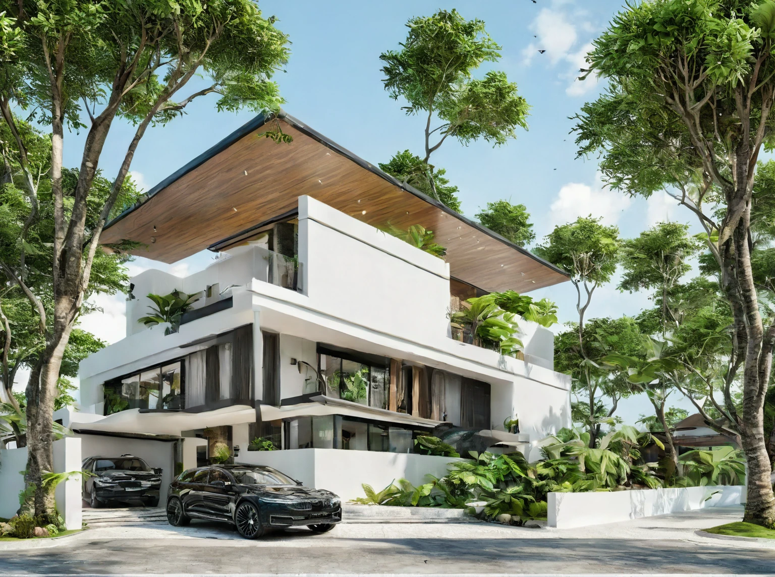 (((modern villa))), modern material, daytime, bright sky, tropical tree around the villa, people and car, 3d render, best quality