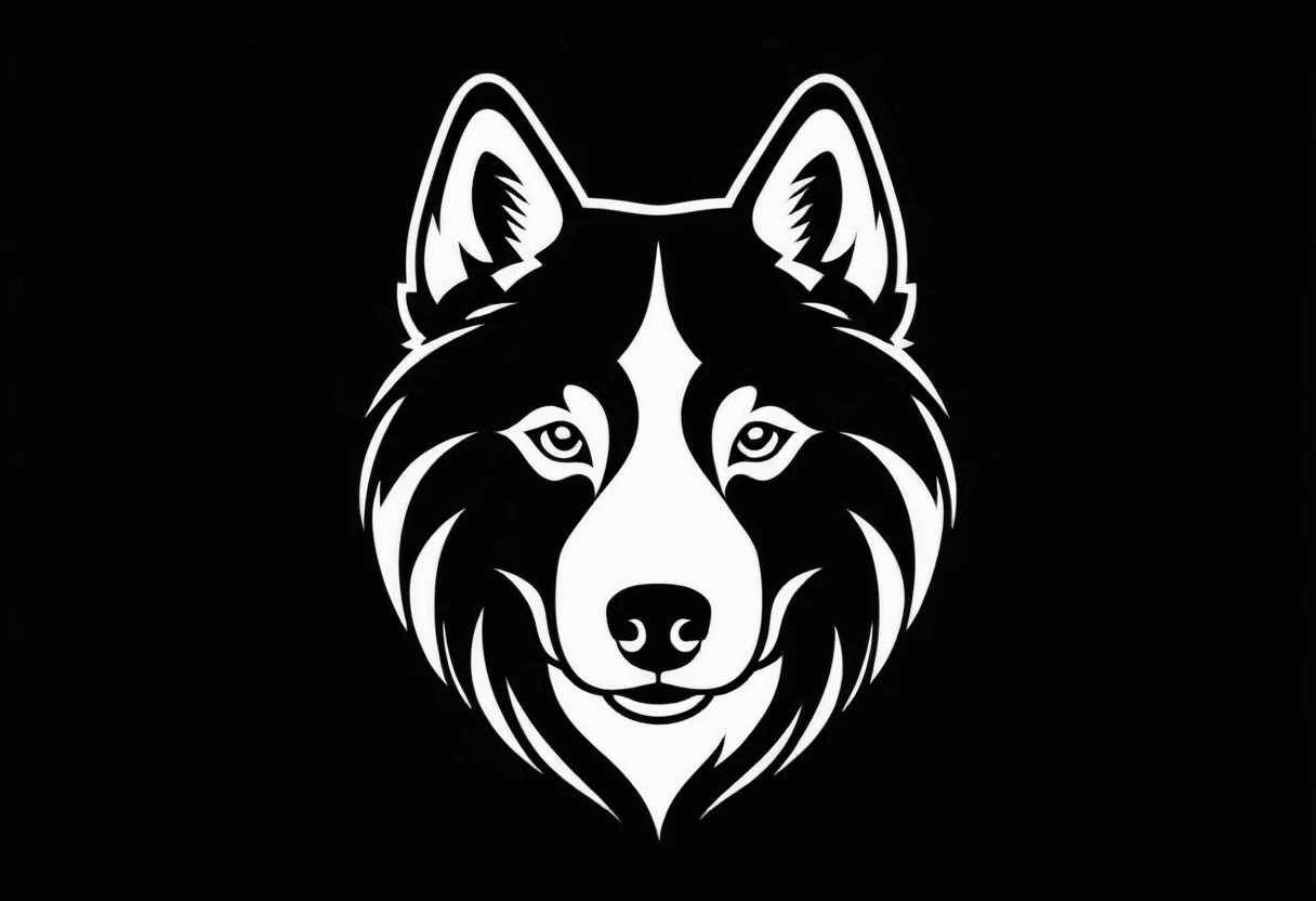 A white logo outline of a cool Siberian husky on a black background