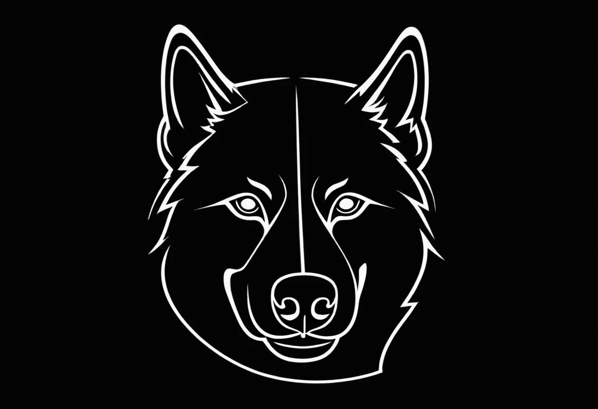 A white logo outline of a cool Siberian husky on a black background