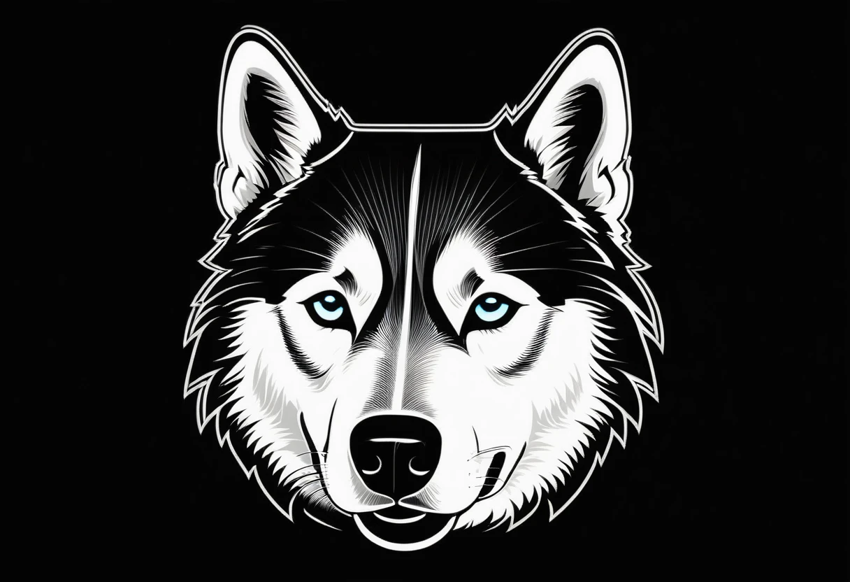 A white logo outline of a cool Siberian husky on a black background