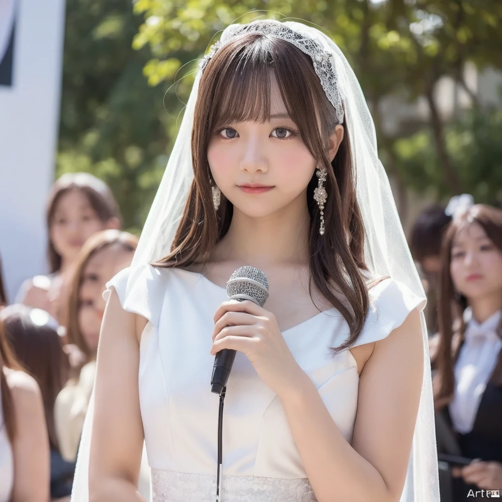 A beautiful young Japanese idol in a white dress and veil holding a microphone. Extremely detailed and realistic portrait, intricate anime cosplay, Instagram model, artcore style, lost in reverie. 8k resolution, Canon EOS R6 photography, background is bright, female body.
