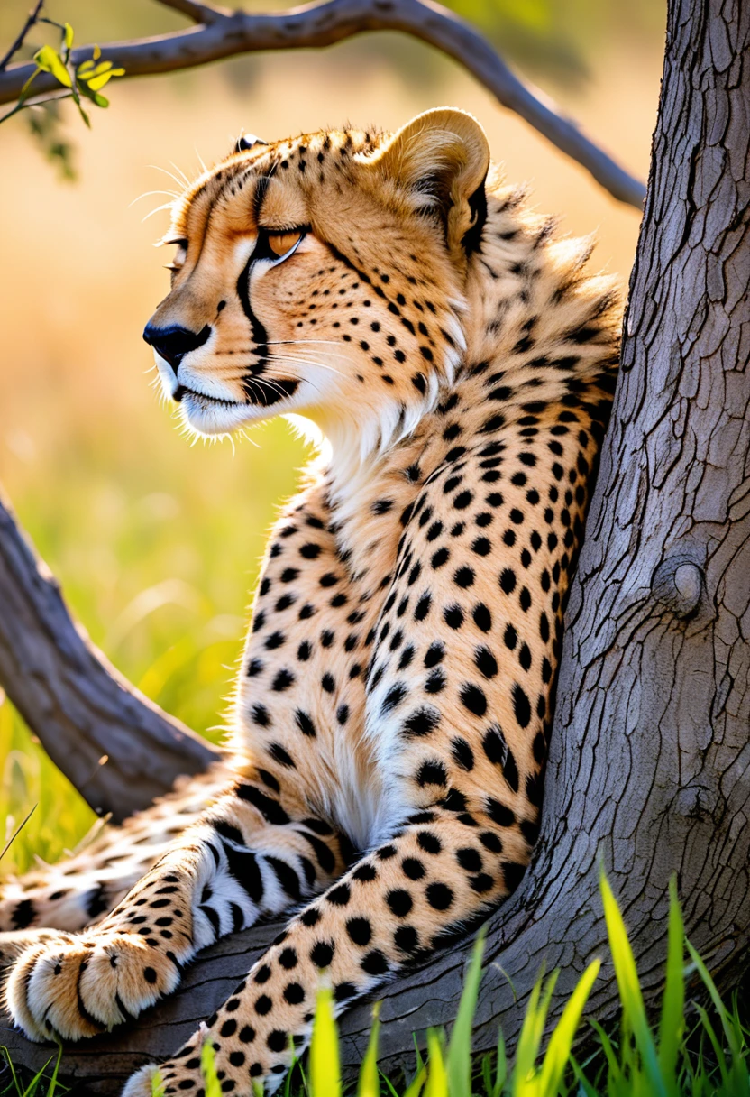 cheetah napping in a tree, the grass in the meadow is swaying in the wind,