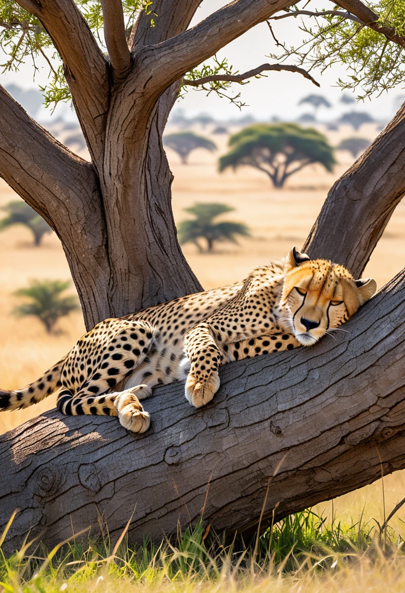 cheetah napping in a tree, the grass in the meadow is swaying in the wind,