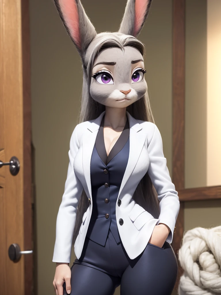 best quality, masterpiece, 3D anime, (((solo))), (((1girl))), ((Face is JudyHopps)), (long ears like a rabbit:0.8), Heir is black ponytail style, Body is human lady, Navy blue business suit, Tailored jacket, White blouse, Skirt, (the suit is made of wool:1.4), suit color is {gray, black, stripe}, ((skin is silver with fluffy and fluffy)), (portrait view), In the background there is a office space, Her expression shows subtle makeup, with a sense of nervousness and determination, ((Standing with a straight posture, Be mindful of correcting your posture))