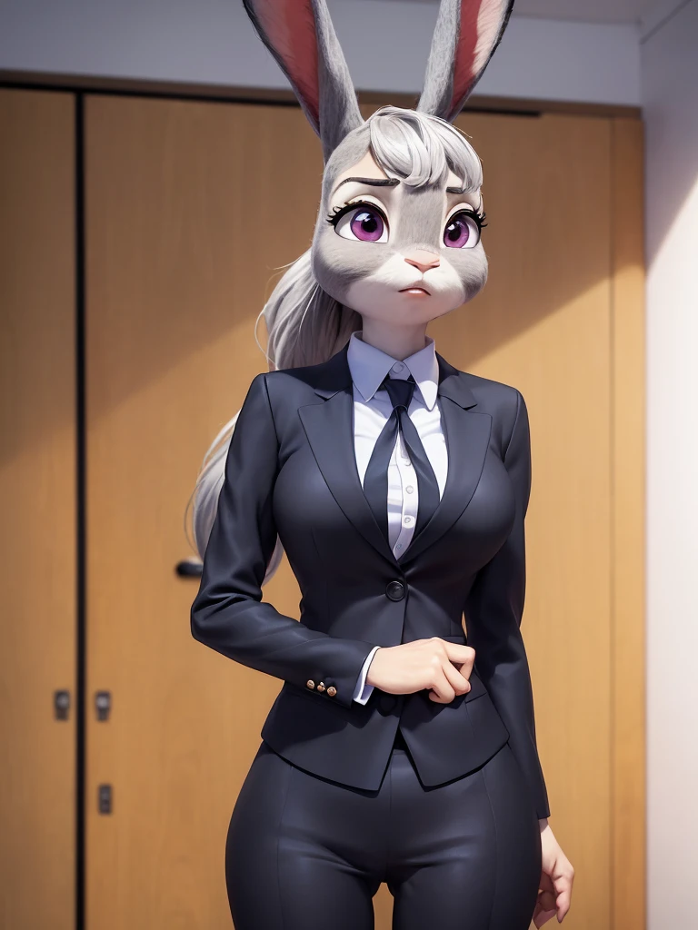 best quality, masterpiece, 3D anime, (((solo))), (((1girl))), ((Face is JudyHopps)), (long ears like a rabbit:0.8), Heir is black ponytail style, Body is human lady, Navy blue business suit, Tailored jacket, White blouse, Skirt, (the suit is made of wool:1.4), suit color is {gray, black, stripe}, ((skin is silver with fluffy and fluffy)), (portrait view), In the background there is a office space, Her expression shows subtle makeup, with a sense of nervousness and determination, ((Standing with a straight posture, Be mindful of correcting your posture))