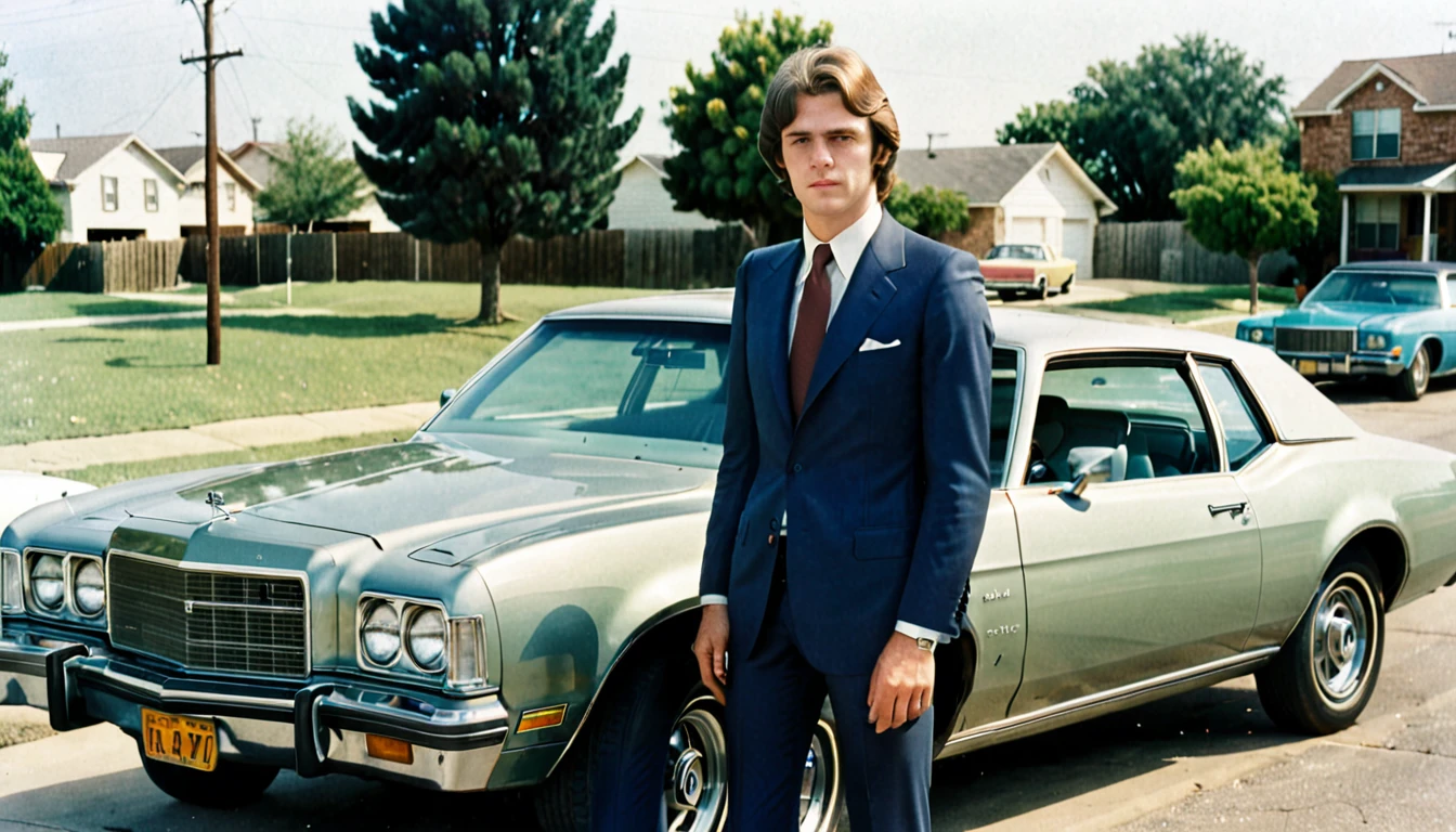 a man in a suit standing next to a car, an album cover, by Wayne Reynolds, tumblr, color film photography 1970s, tx, childhood friend, around 20 yo, dale odell, 7 feet tall, lisa, greg hildebrant, not cropped, c1976, color 1970, gary houston, very grainy