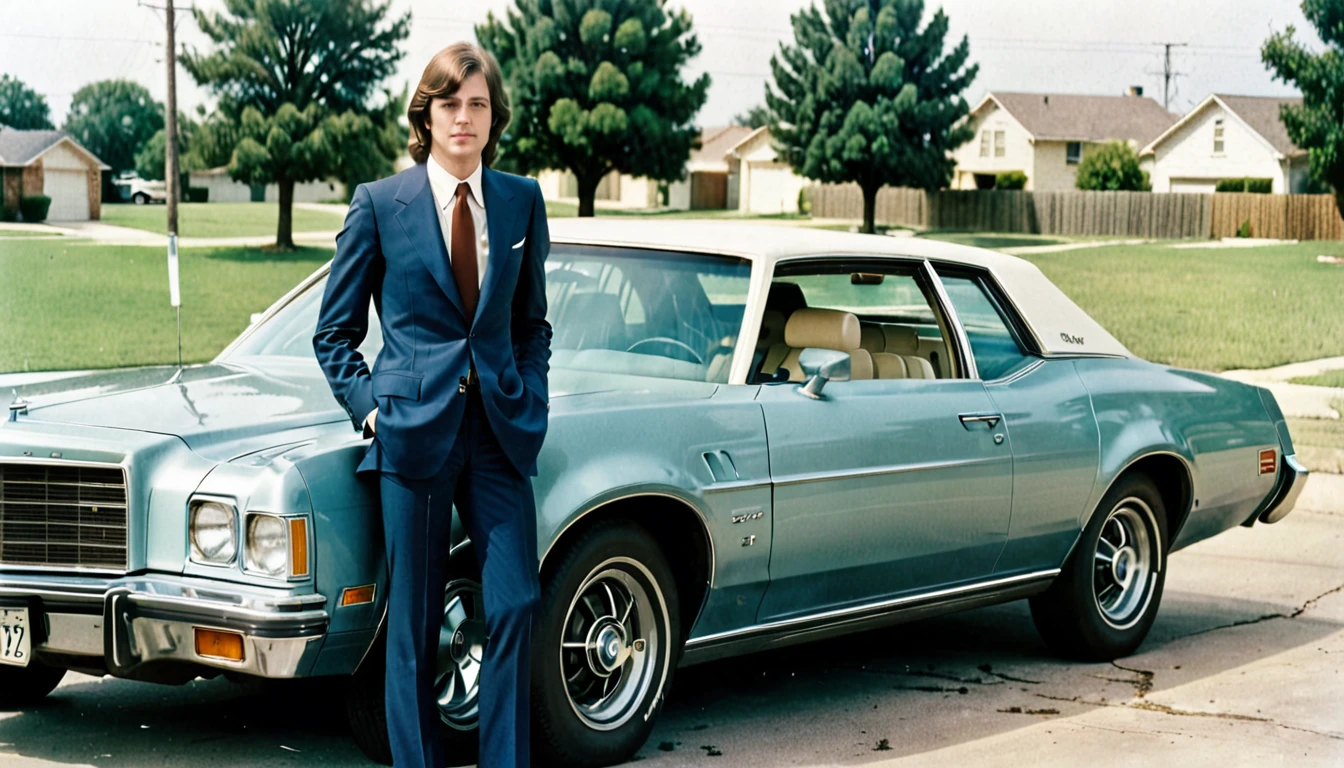a man in a suit standing next to a car, an album cover, by Wayne Reynolds, tumblr, color film photography 1970s, tx, childhood friend, around 20 yo, dale odell, 7 feet tall, lisa, greg hildebrant, not cropped, c1976, color 1970, gary houston, very grainy